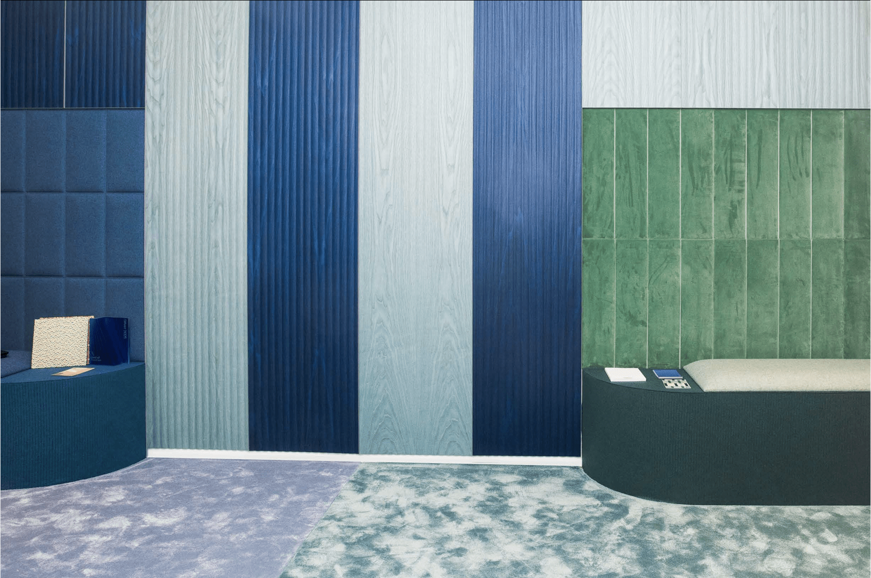 Vertical blue wall panels with modern bathroom sink