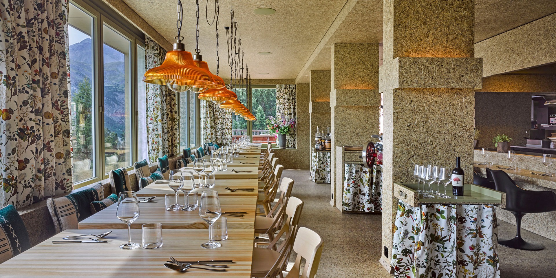 Restaurant interior with decorative lighting and seating